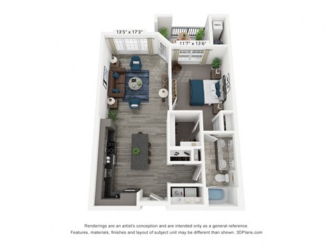 Floor plan for 1 bed, 1 bath, 865 sqft